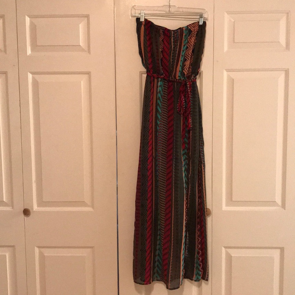 Barr III tribal print sheer maxi dress. Strapless